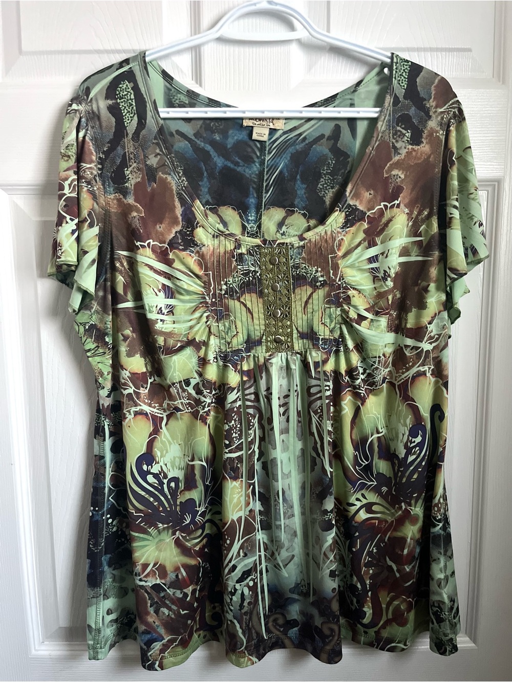 Y2K One World Earthy Abstract Print Pleated Tunic Top Plus Size 1X Boho Floral
